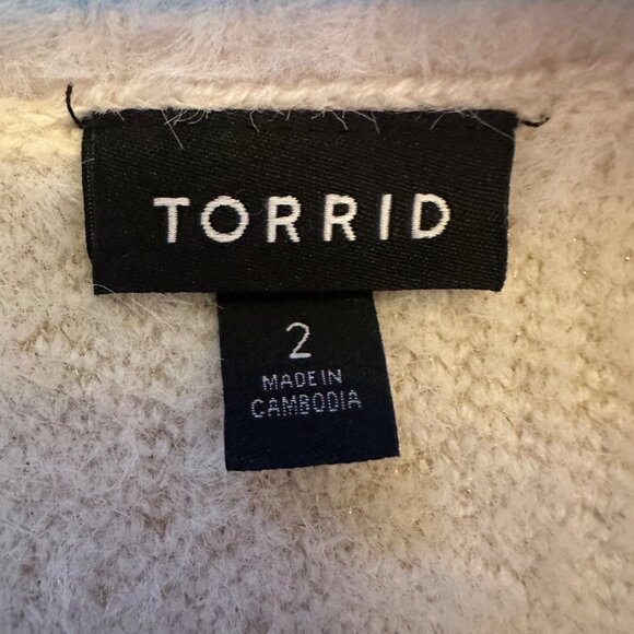 Torrid Womens White Fuzzy Pullover Sweater W/ Blue Trim Size 2 Nylon Blend - Picture 3 of 6